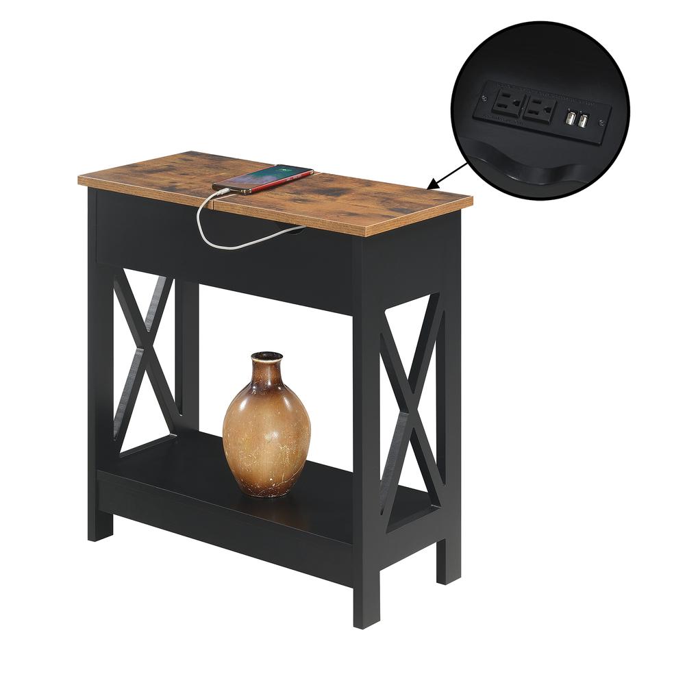 Oxford Flip Top End Table with Charging Station and Shelf, Brown