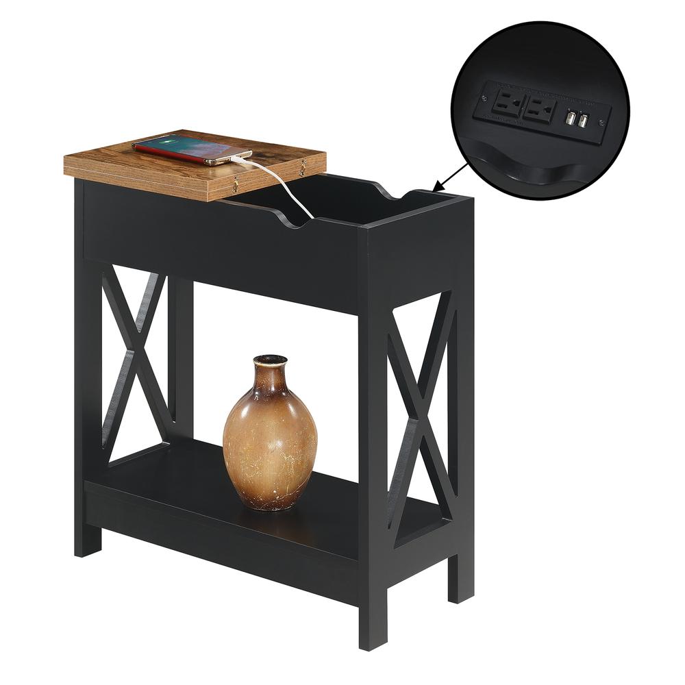 Oxford Flip Top End Table with Charging Station and Shelf, Brown
