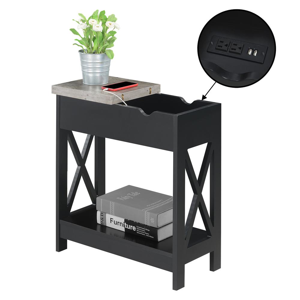 Oxford Flip Top End Table with Charging Station and Shelf, Gray