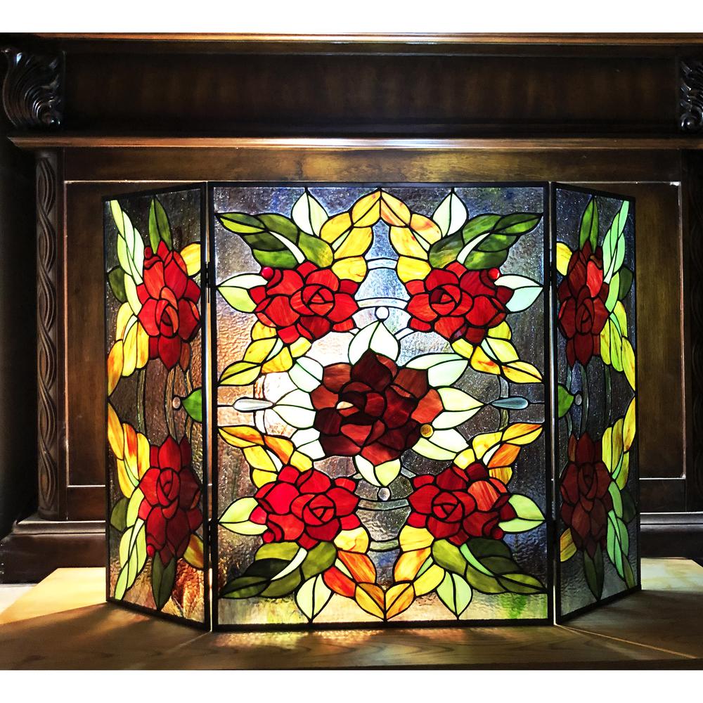 CHLOE Lighting CANNA Tiffany-Style 3pcs Folding Floral Stained Glass Fireplace Screen 40" Width