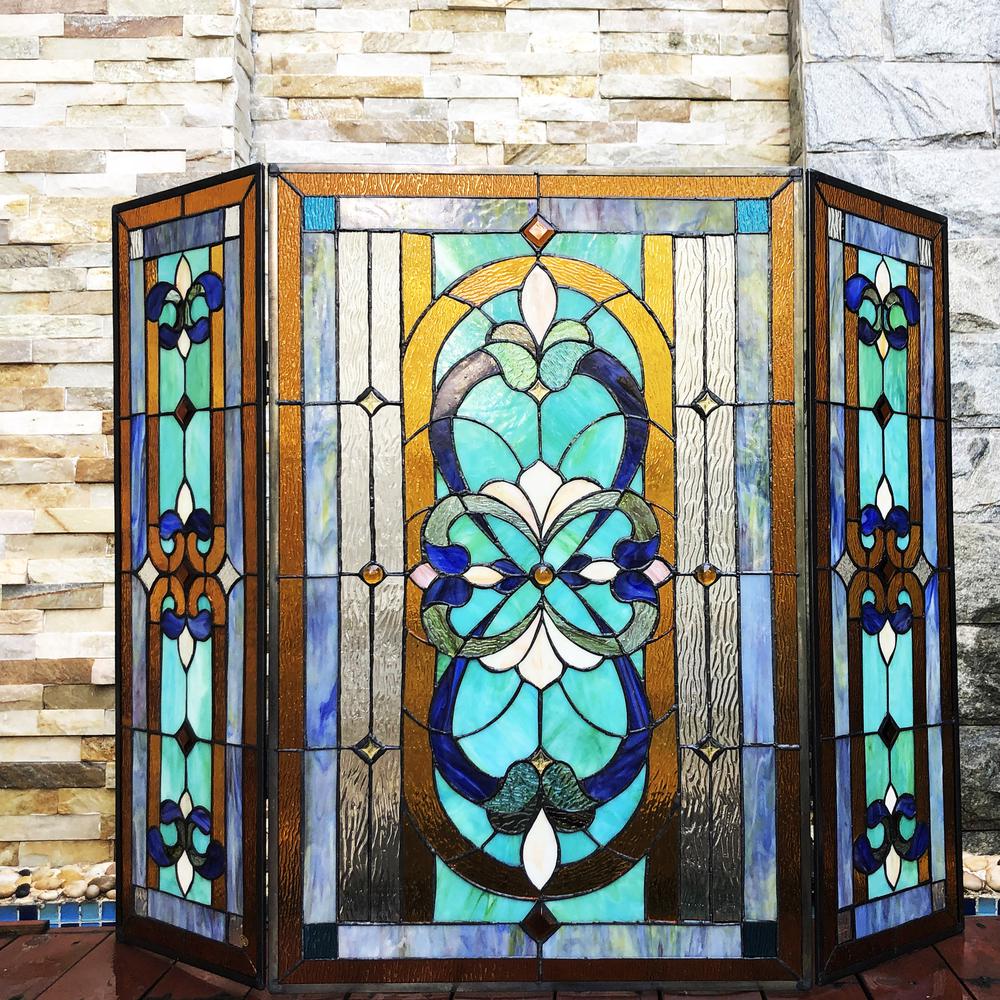 CHLOE Lighting PALACE Tiffany-Style 3pcs Folding Victorian Stained Glass Fireplace Screen 40" Width