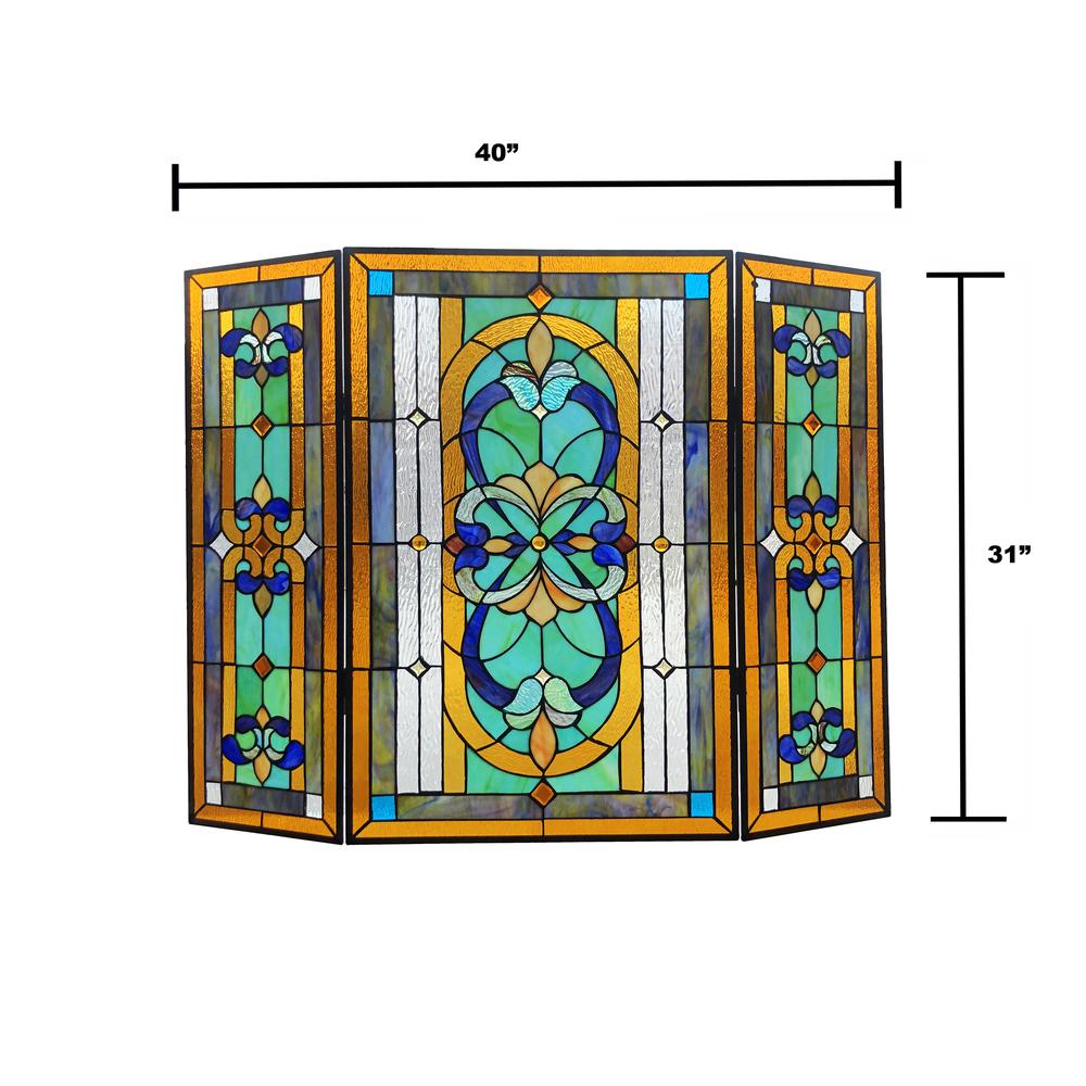 CHLOE Lighting PALACE Tiffany-Style 3pcs Folding Victorian Stained Glass Fireplace Screen 40" Width