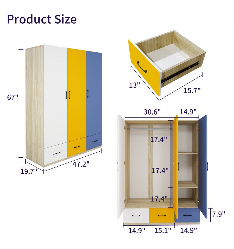 Armoire Wardrobe Closet, Wardrobe Closet with 3 Color Doors, Bedroom Armoires with Hanging Rod, Wardrobe Cabinet with 3 Drawers, Closet Cabinet with 3 Storage Cabinets(47.5W x 20D x 67H)