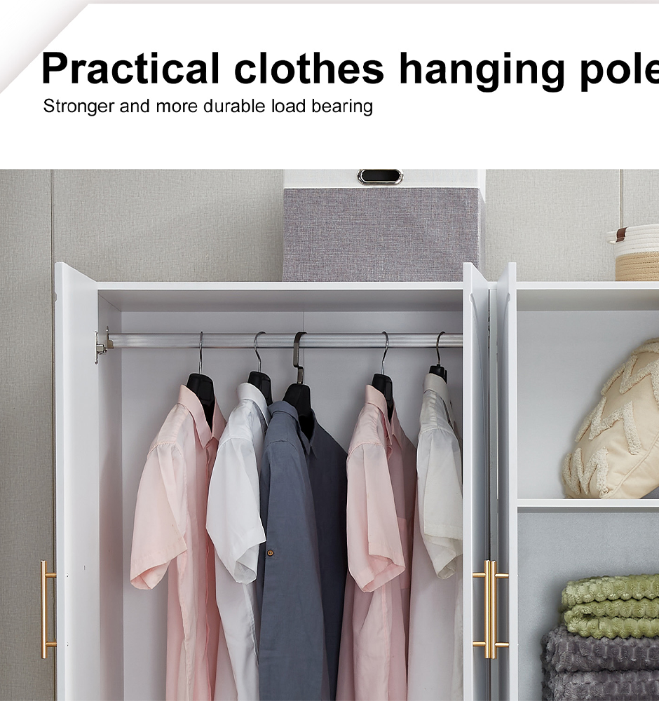 LivelyLodge 74.2 H 4 Doors White Wooden Armoire Wardrobe Closet Bedroom Freestanding Storage Closet Armoire Cabinet Bathroom Storage Clothes Organizer Shelf with Hanging Rod Gold Handles
