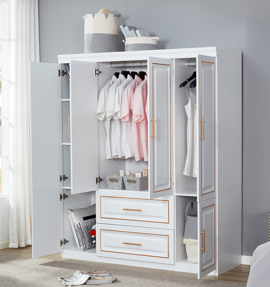 LivelyLodge 74 H 4 Doors Wardrobe Closet 2 Drawers White Wooden Closet Wardrobe Freestanding Bedroom Armoire Clothes Storage Cabinet Bathroom Storage Shelf with Hanging Rod Clothes Organizer