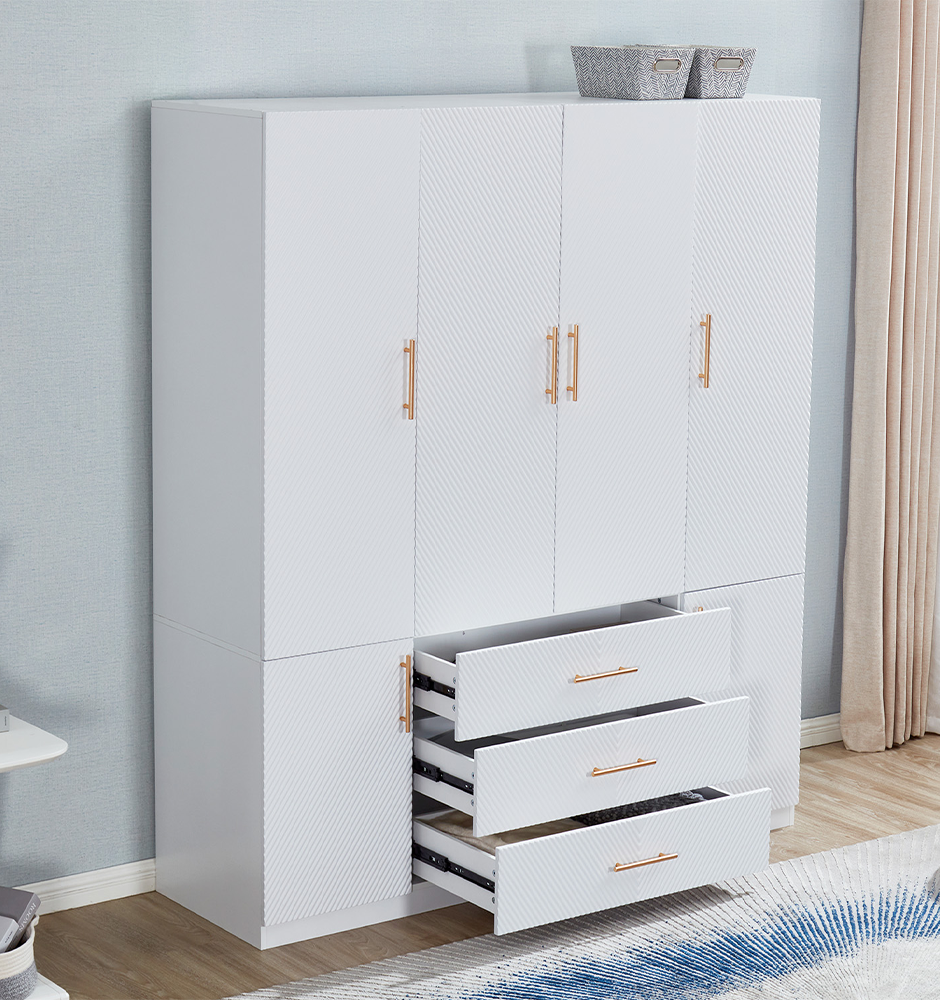 LivelyLodge 74.2 Tall 4 Doors 3 Drawers White Closet Wardrobe Closet Armoire Large Bedroom Freestanding Storage Closet Cabinet Bathroom Clothes Storage White Wooden Organizer with Hanging Rod Shelves