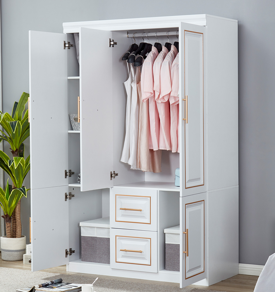 LivelyLodge Tall 74 3 Doors Wardrobe Closet White 2 Drawers Wood Wardrobe Closet Bedroom Armoire Clothes Storage Cabinet with Hanging Rod Shelves, Bathroom Freestanding Clothes Closet Organizer