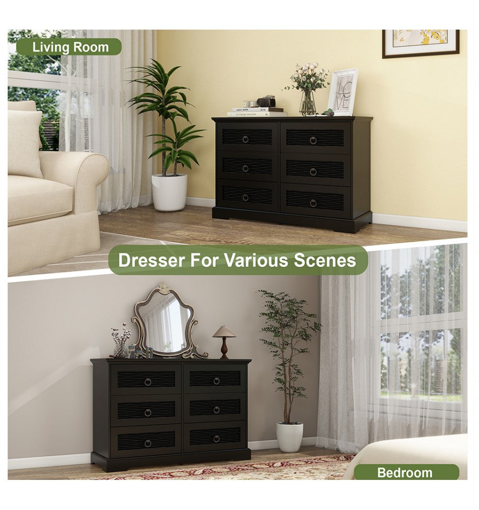Wood Drawer Dresser with 6 Drawers, 47 Wide Farmhouse Tall Chest of Drawers for Bedroom, Living Room, Hallway, Entryway, Modern Drawers Organizer Large Storage Capacity Cabinet, Black