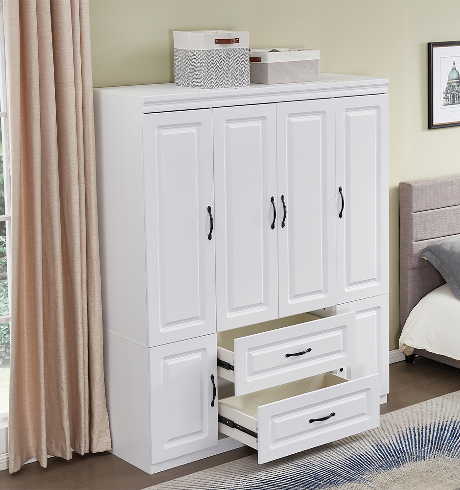 LivelyLodge 74 H Closet 4 Doors White Wooden Armoire Wardrobe Closet Freestanding Clothes Storage Closet Bedroom Armoires Wood Wardrobe Storage Closet Cabinet with Hanging Rod Shelf 2 Drawers