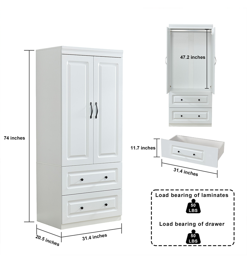 LivelyLodge 74H Wardrobe Closet with 2 Doors White Armoire Wardrobe Closet Clothes Storage Closets Cabinet Wooden Bedroom Armoires Large Closet with Hanging Rod 2 Drawers Clothes Cabinet