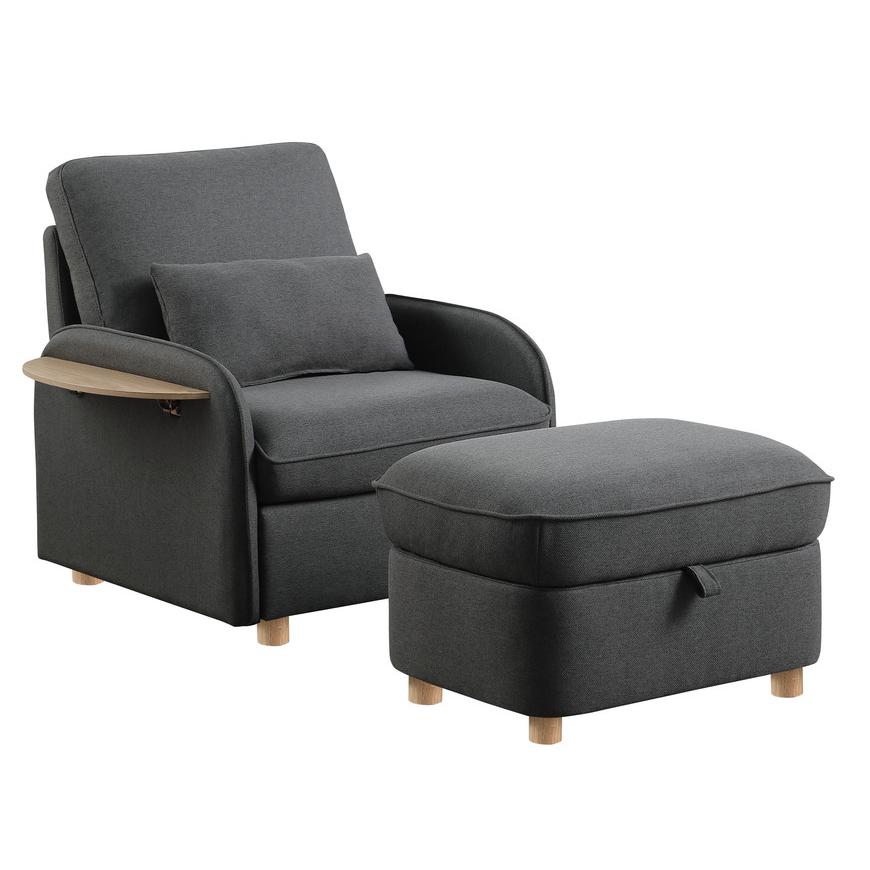 Huckleberry Dark Gray Linen Accent Chair with Storage Ottoman and Folding Side Table