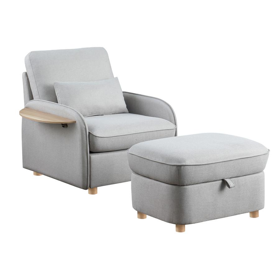 Huckleberry Light Gray Linen Accent Chair with Storage Ottoman and Folding Side Table