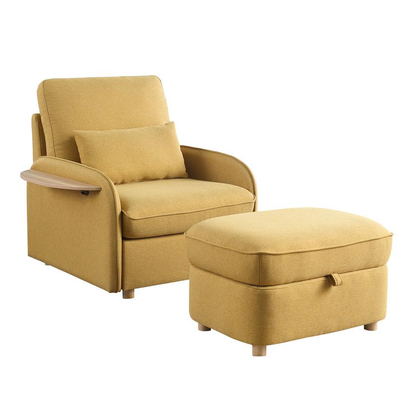 Huckleberry Yellow Linen Accent Chair with Storage Ottoman and Folding Side Table