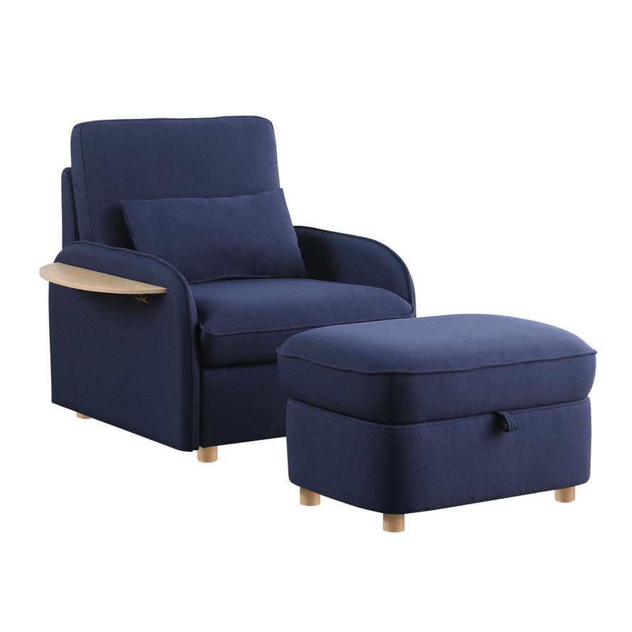 Huckleberry Blue Linen Accent Chair with Storage Ottoman and Folding Side Table