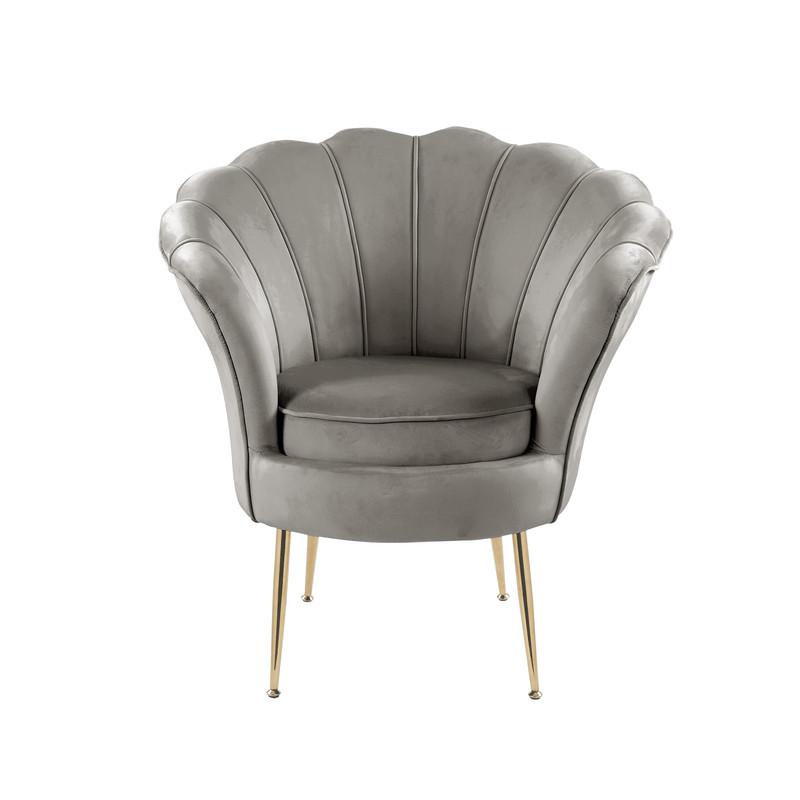 Angelina Gray Velvet Scalloped Back Barrel Accent Chair with Metal Legs