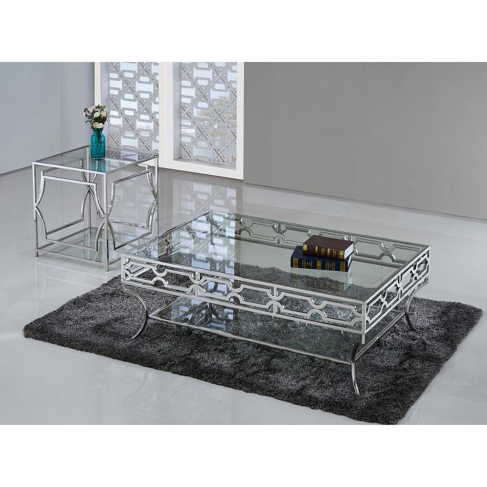 Best Master Furniture Abigail Glass and Stainless Steel Base End Table in Silver