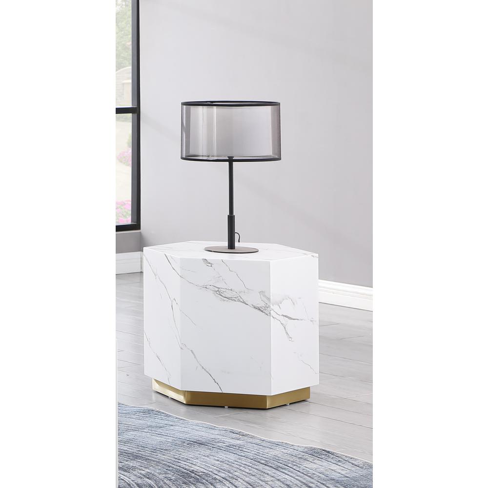 Zhuri Hexagon Faux Marble White End Table in Gold