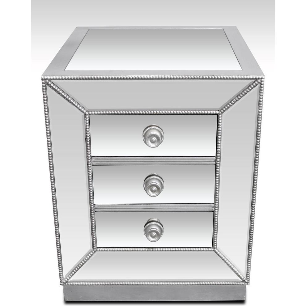 Best Master Furniture Solid Wood and Mirrored Living Room End Table in Silver