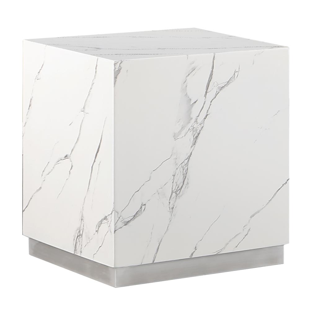 Zhuri Square Faux Marble White End Table in Silver