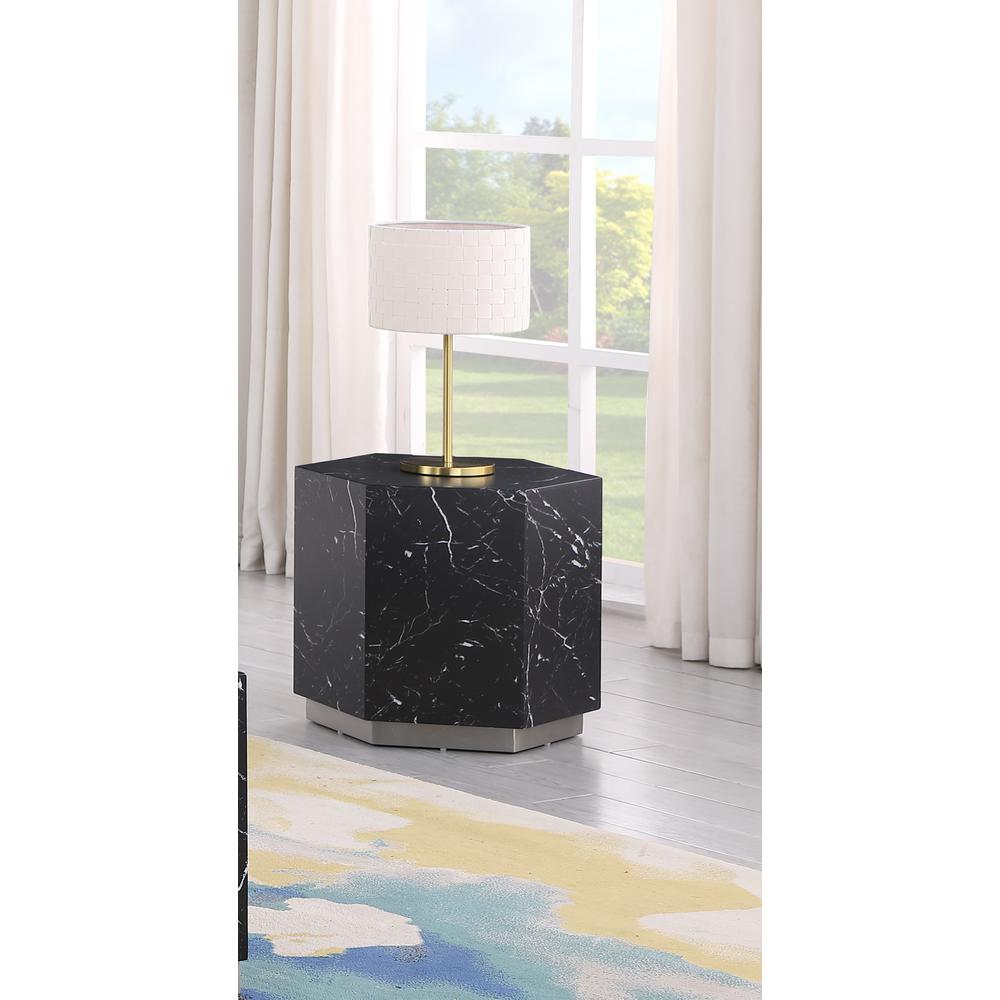 Zhuri Hexagon Faux Marble Black End Table in Silver