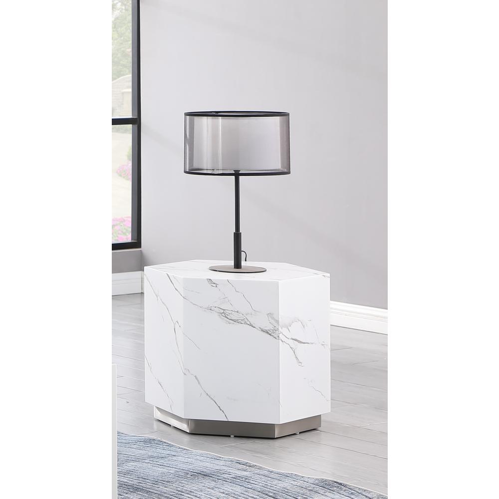 Zhuri Hexagon Faux Marble White End Table in Silver