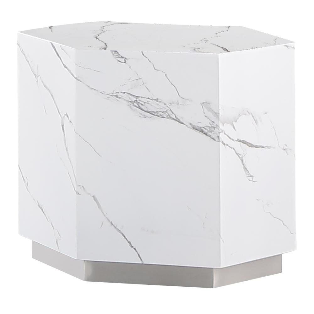 Zhuri Hexagon Faux Marble White End Table in Silver