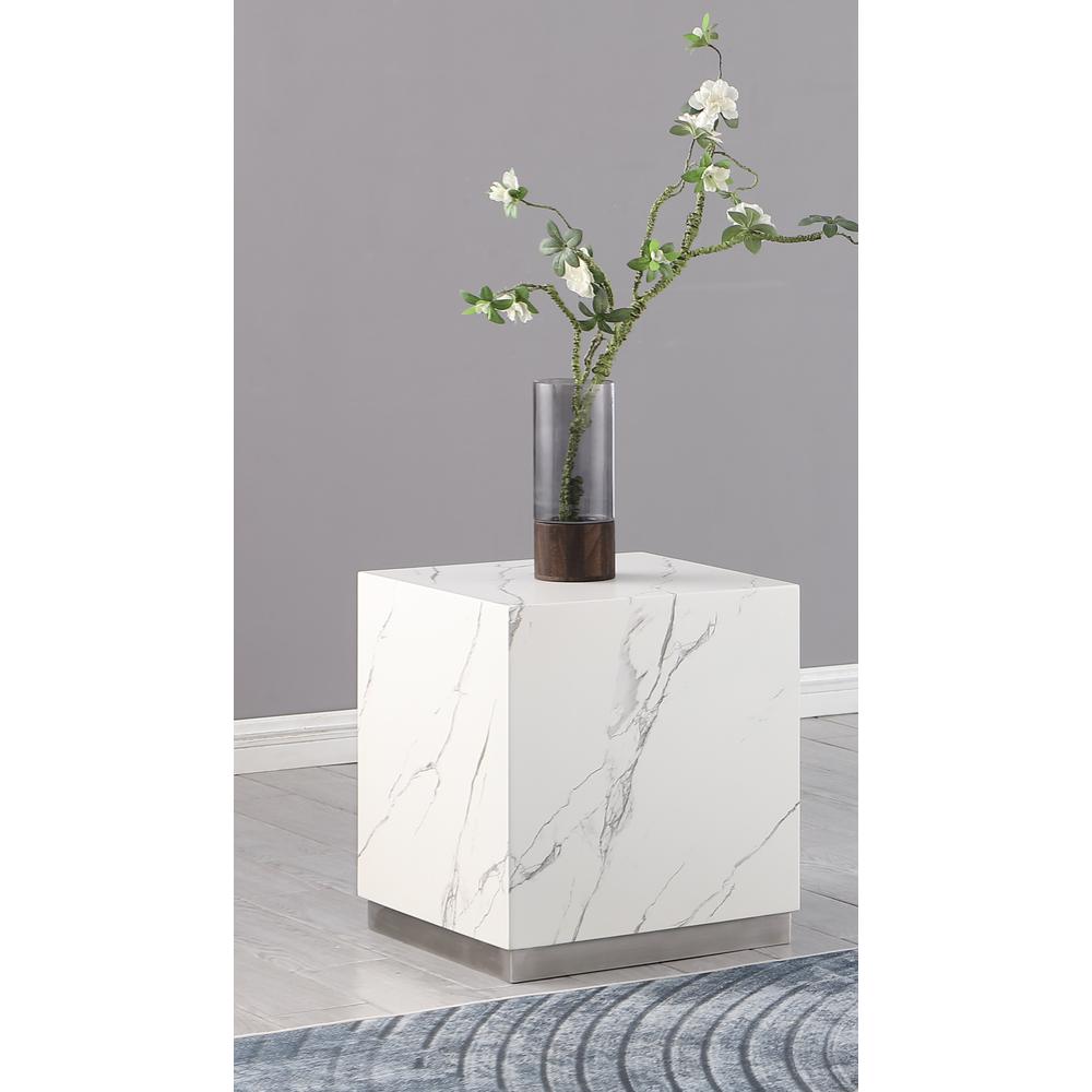 Zhuri Square Faux Marble White End Table in Silver