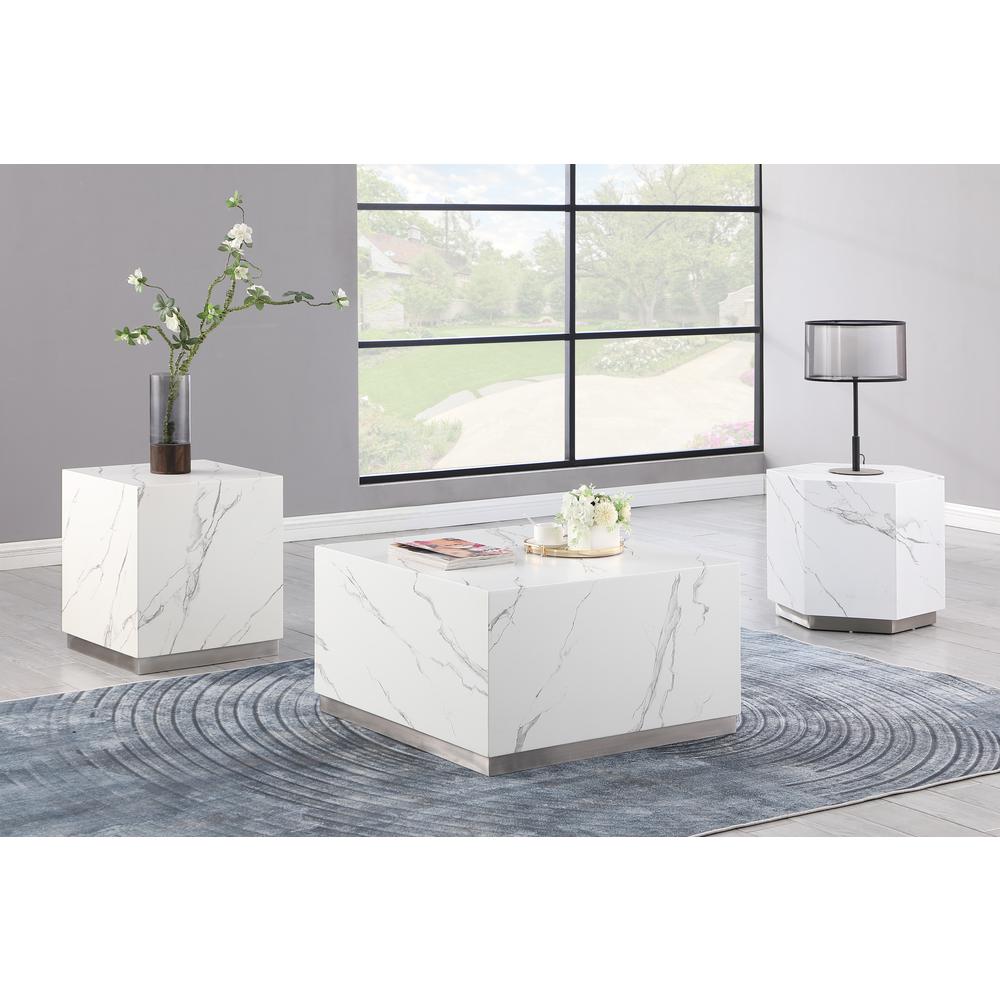 Zhuri Hexagon Faux Marble White End Table in Silver