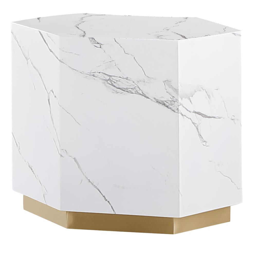 Zhuri Hexagon Faux Marble White End Table in Gold