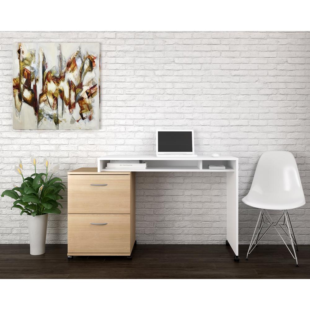 2-Piece Home Office With Desk & 2-Drawer Filling Cabinet, White & Natural Maple