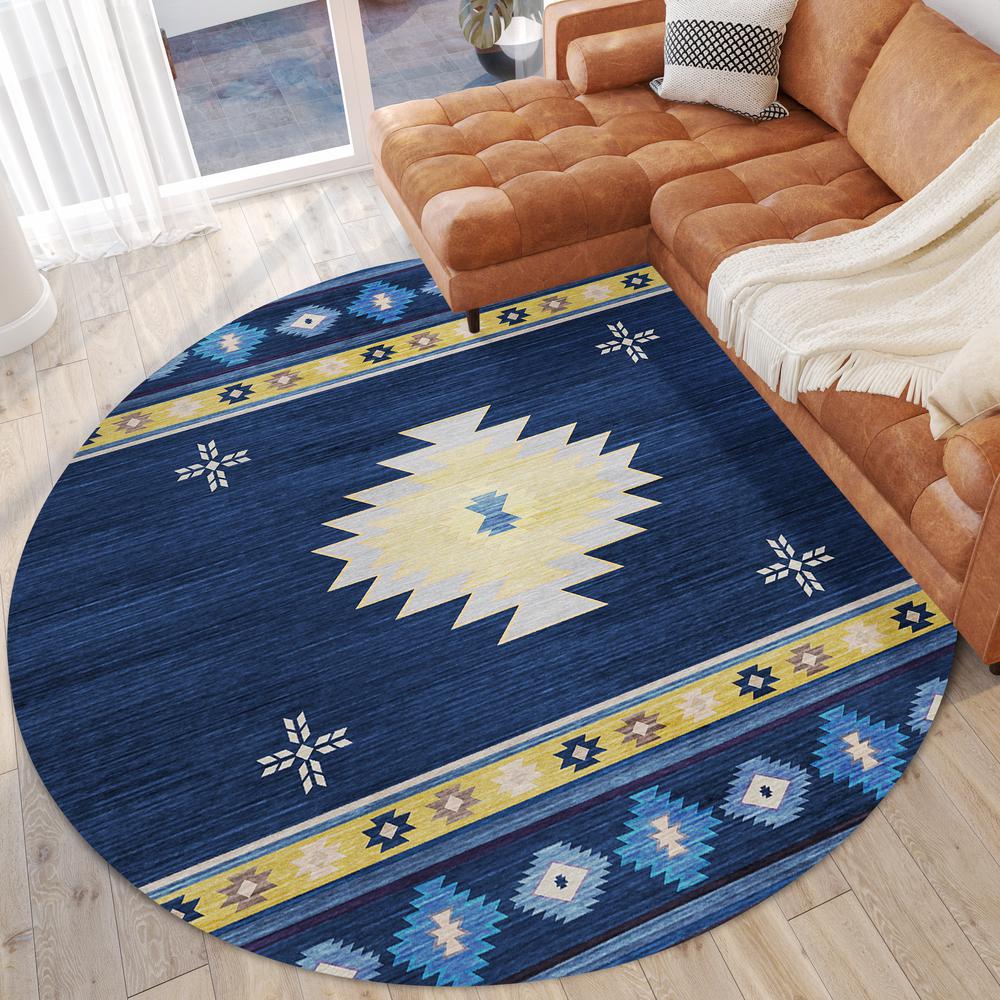 Indoor/Outdoor Sonora ASO34 Blue Washable 8' x 8' Round Rug