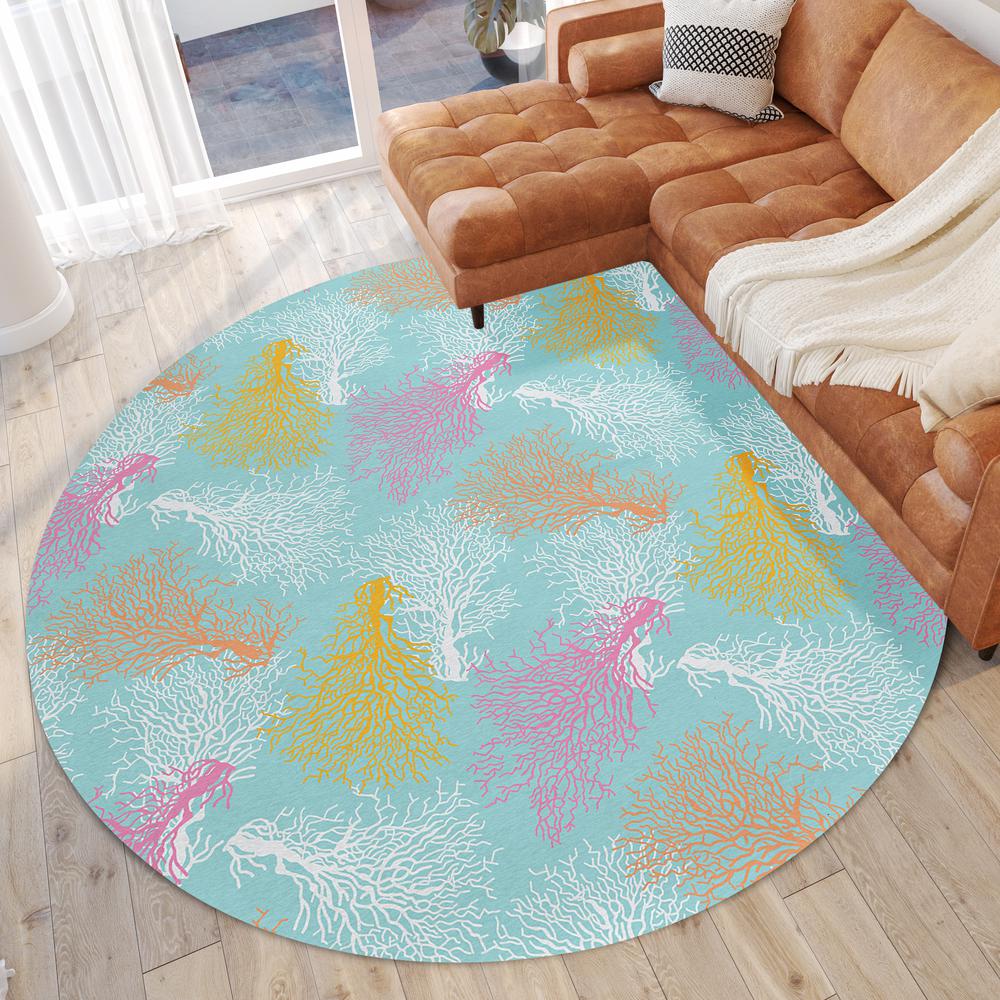 Indoor/Outdoor Surfside ASR33 Aqua Washable 8' x 8' Round Rug