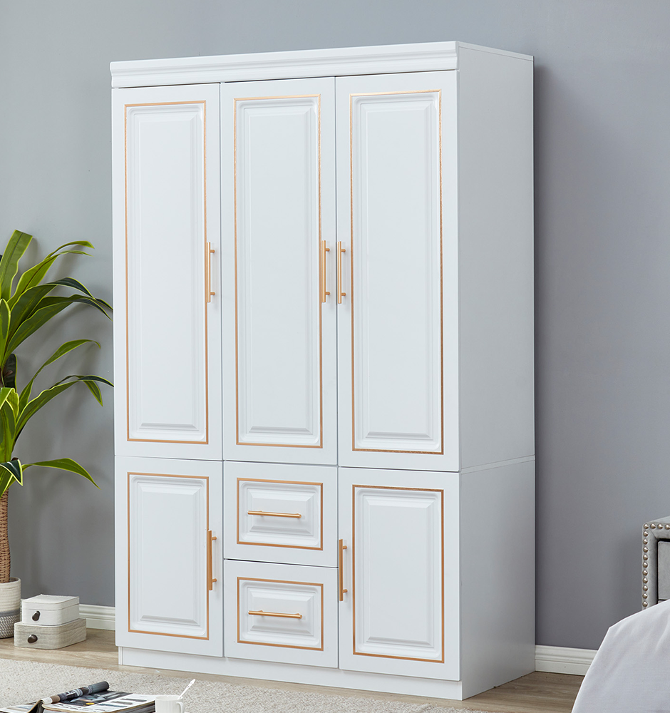 LivelyLodge Tall 74 3 Doors Wardrobe Closet White 2 Drawers Wood Wardrobe Closet Bedroom Armoire Clothes Storage Cabinet with Hanging Rod Shelves, Bathroom Freestanding Clothes Closet Organizer