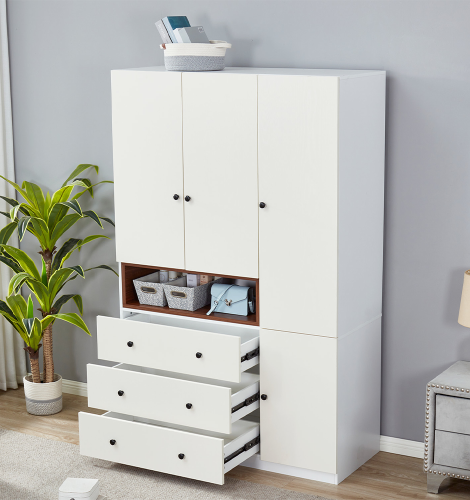 LivelyLodge 74 H 3 Doors White Wood Wardrobe Closet Armoire Freestanding Clothes Storage Closet Wardrobe Cabinet Clothes Large Storage Clothes Organizer with Hanging Rod for Bedroom Bathroom