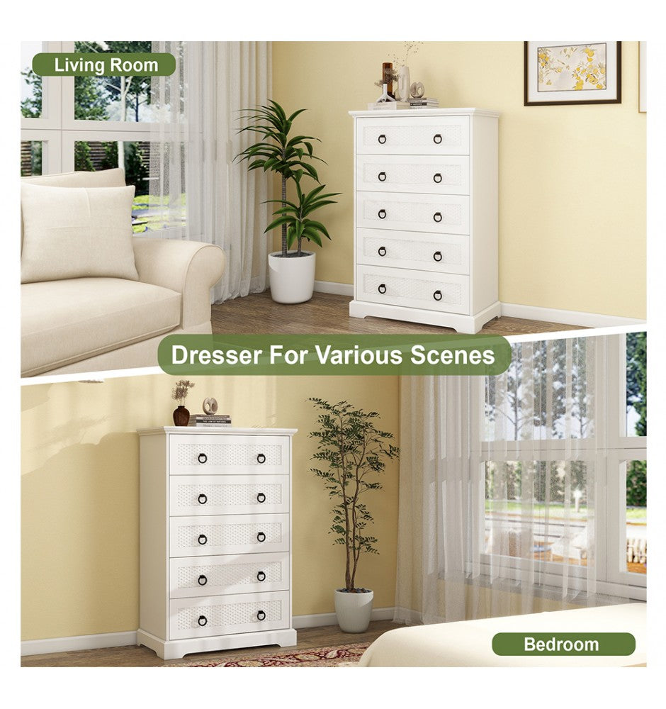 Wood 5 Drawer Dresser, 31.5 Wide Farmhouse Tall Chest of Drawers for Bedroom, Living Room, Hallway, Entryway, Modern Drawers Organizer Large Storage Capacity Cabinet, White