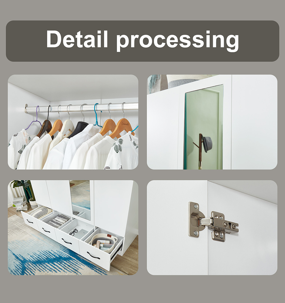 Mirror Wardrobe Closet 4 Doors White Wooden Freestanding Armoire Wardrobe Closet Bedroom Storage Wardrobe Cabinet Bathroom Clothes Storage Shelf with Hanging Rod Clothes Organizer