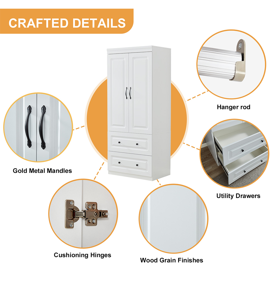 LivelyLodge 74H Wardrobe Closet with 2 Doors White Armoire Wardrobe Closet Clothes Storage Closets Cabinet Wooden Bedroom Armoires Large Closet with Hanging Rod 2 Drawers Clothes Cabinet