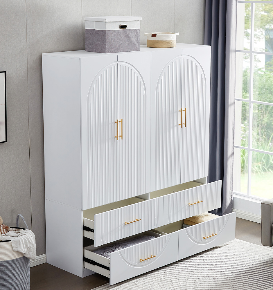 LivelyLodge 74.2 H 4 Doors White Wooden Armoire Wardrobe Closet Bedroom Freestanding Storage Closet Armoire Cabinet Bathroom Storage Clothes Organizer Shelf with Hanging Rod Gold Handles