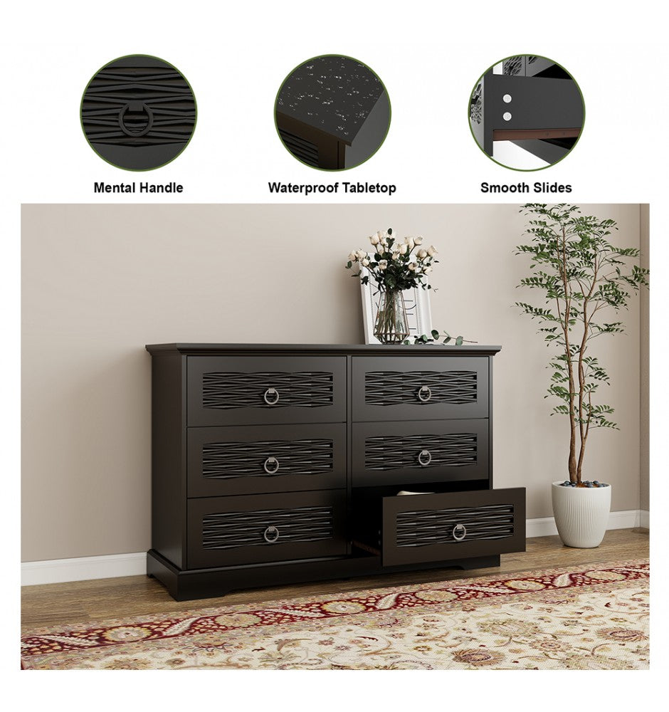Wood Drawer Dresser with 6 Drawers, 47 Wide Farmhouse Tall Chest of Drawers for Bedroom, Living Room, Hallway, Entryway, Modern Drawers Organizer Large Storage Capacity Cabinet, Black
