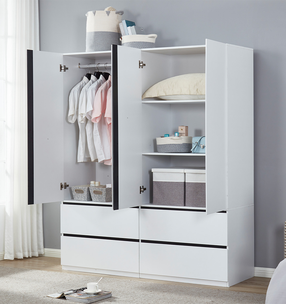 LivelyLodge 74.2 H 4 Doors White Wood Wardrobe Closet Armoire with Black line Bedroom Freestanding Clothes Storage Closet Bathroom Storage Organizer Wardrobe Closet Cabinet with Hanging Rod