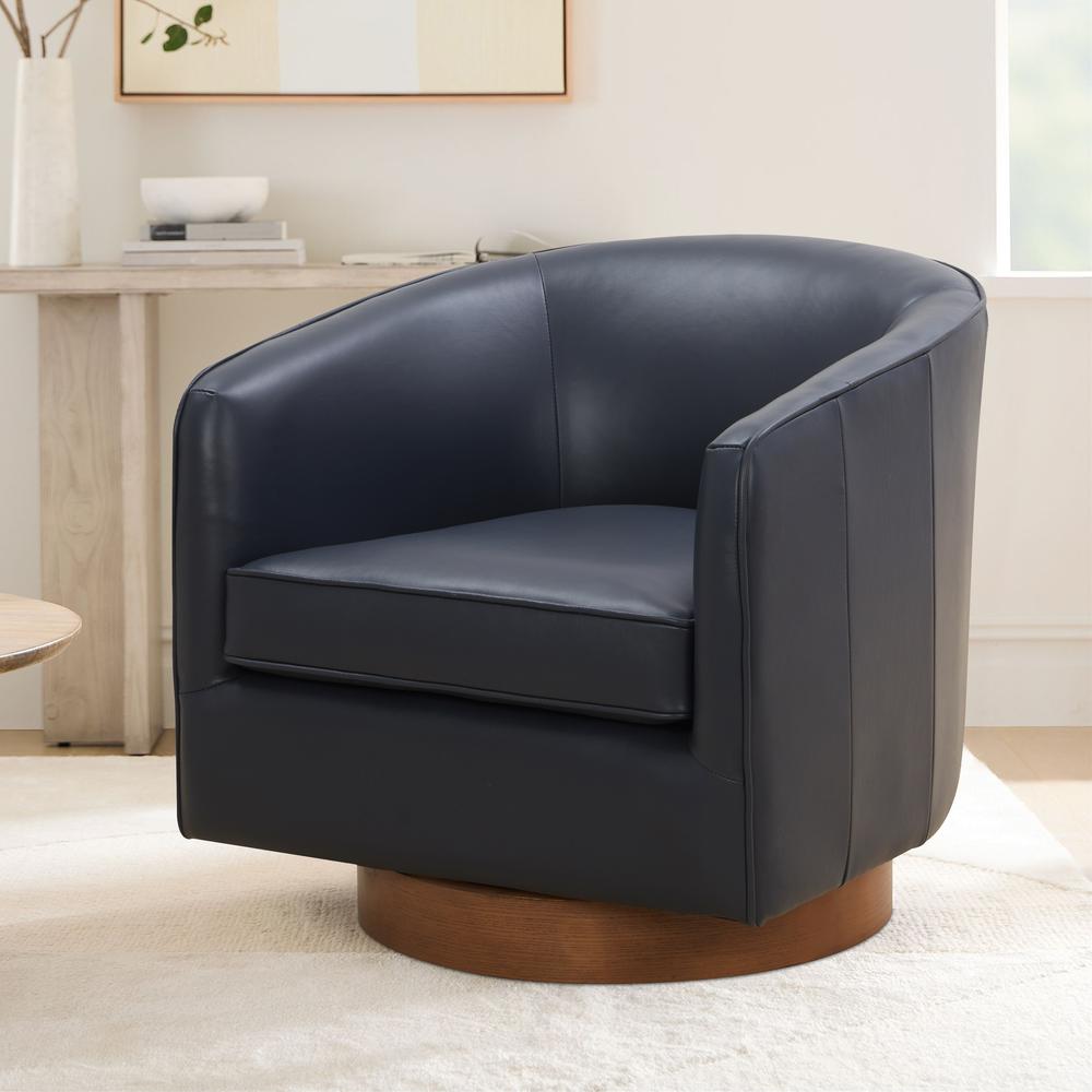 Taos Midnight Blue Top Grain Leather Wood Base Swivel Chair
