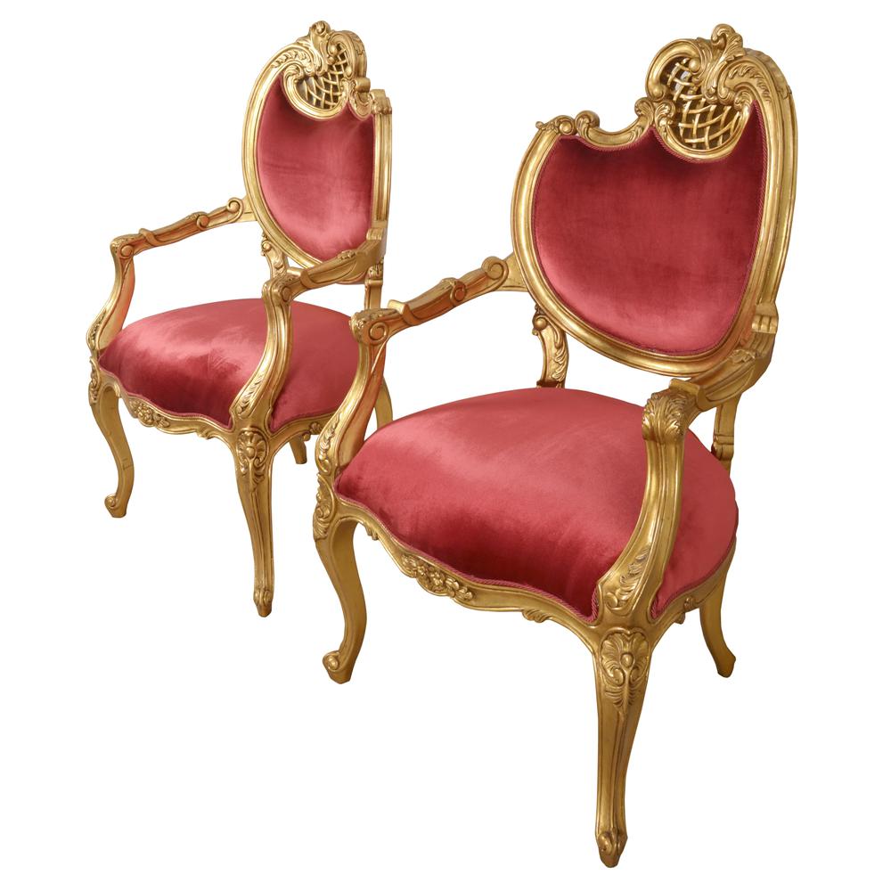 Red Pair of French Rococo Fireside Chairs