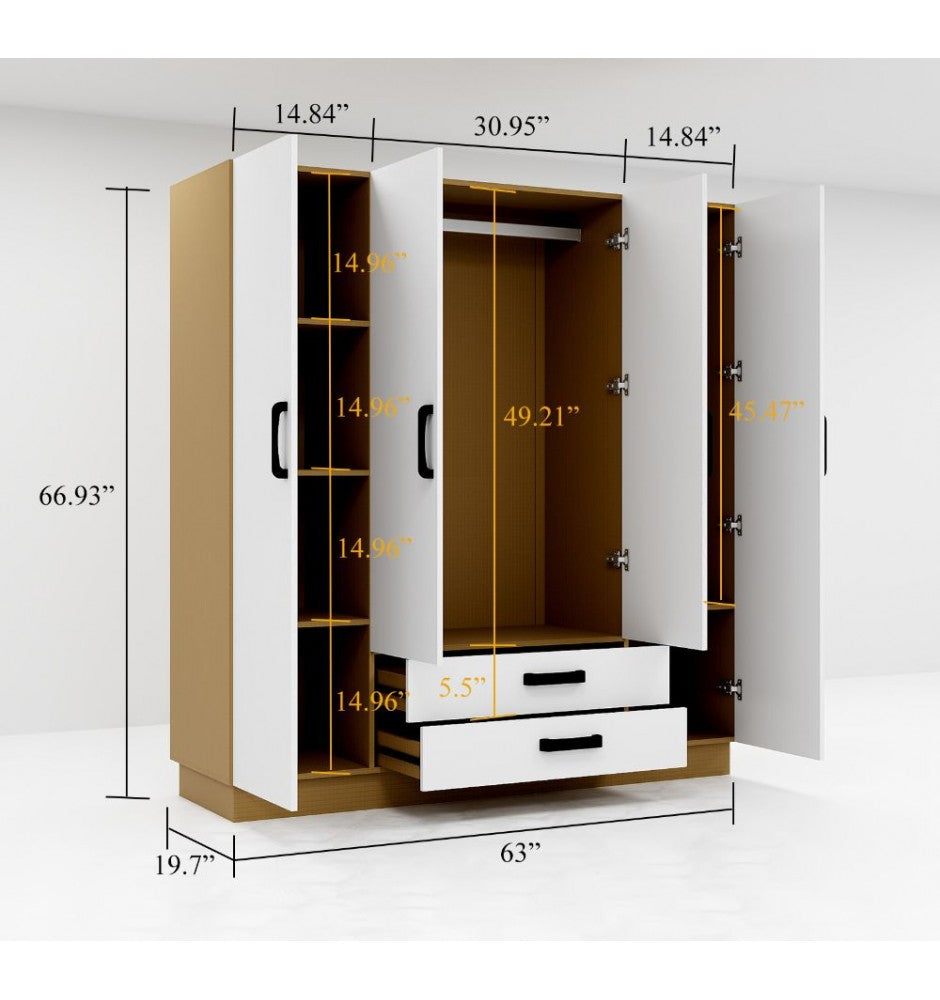 Armoire Wardrobe Closet with 4 Doors and 2 Hanging Rods 2 Drawers Wood Clothes Storage Cabinet Organization Shelving Armoire Large Capacity for Bedroom White