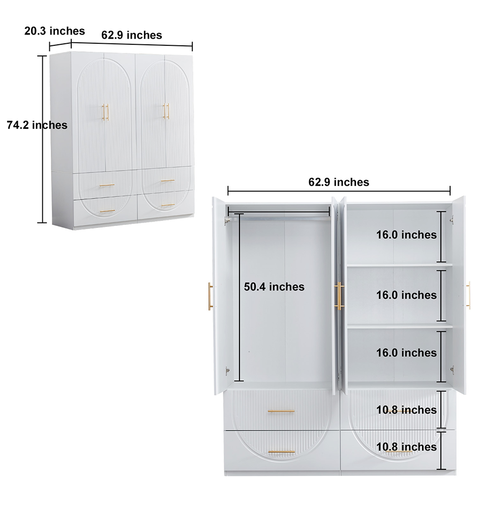LivelyLodge 74.2 H 4 Doors White Wooden Armoire Wardrobe Closet Bedroom Freestanding Storage Closet Armoire Cabinet Bathroom Storage Clothes Organizer Shelf with Hanging Rod Gold Handles