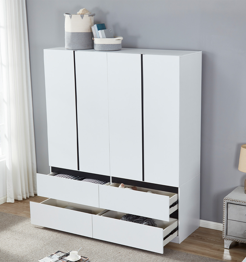 LivelyLodge 74.2 H 4 Doors White Wood Wardrobe Closet Armoire with Black line Bedroom Freestanding Clothes Storage Closet Bathroom Storage Organizer Wardrobe Closet Cabinet with Hanging Rod