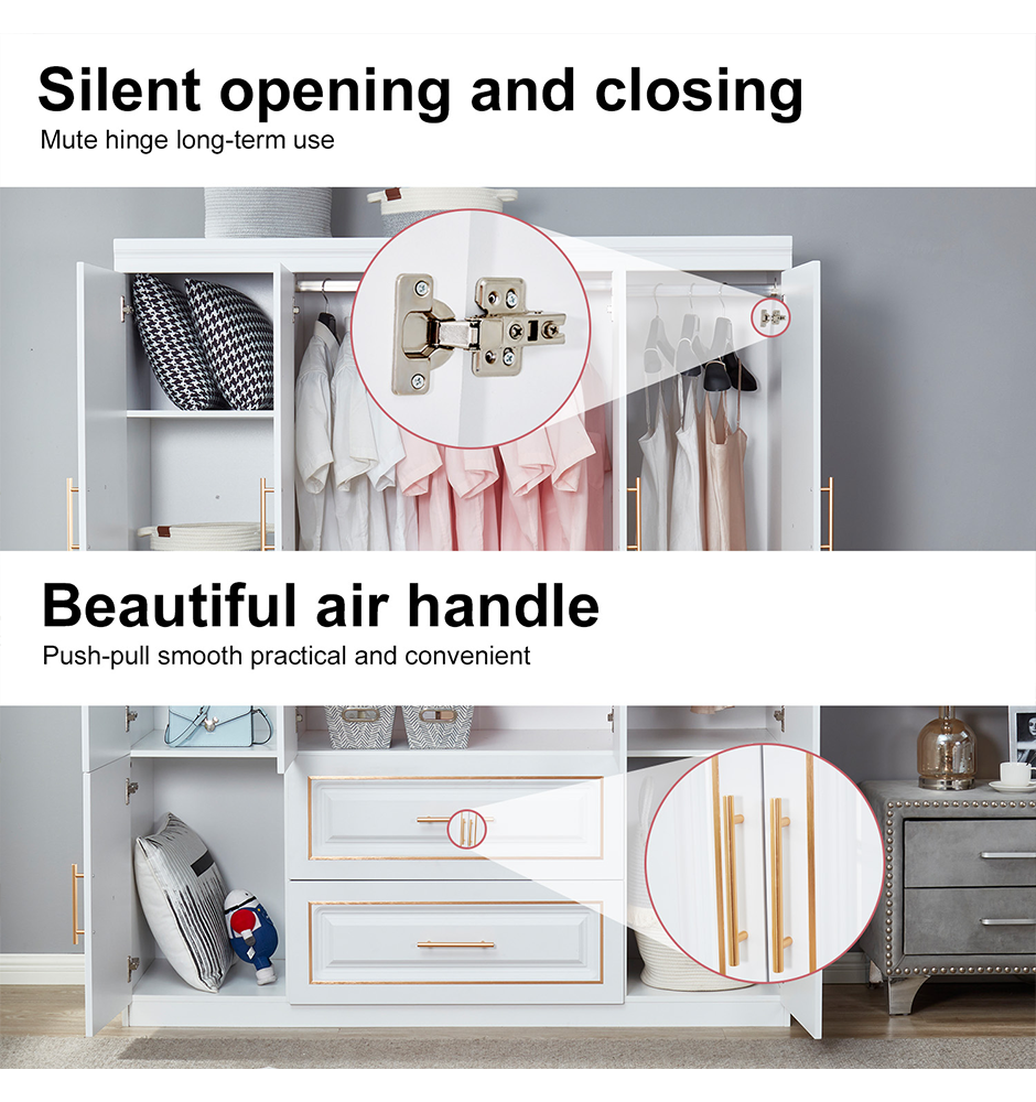 LivelyLodge 74 H 4 Doors Wardrobe Closet 2 Drawers White Wooden Closet Wardrobe Freestanding Bedroom Armoire Clothes Storage Cabinet Bathroom Storage Shelf with Hanging Rod Clothes Organizer