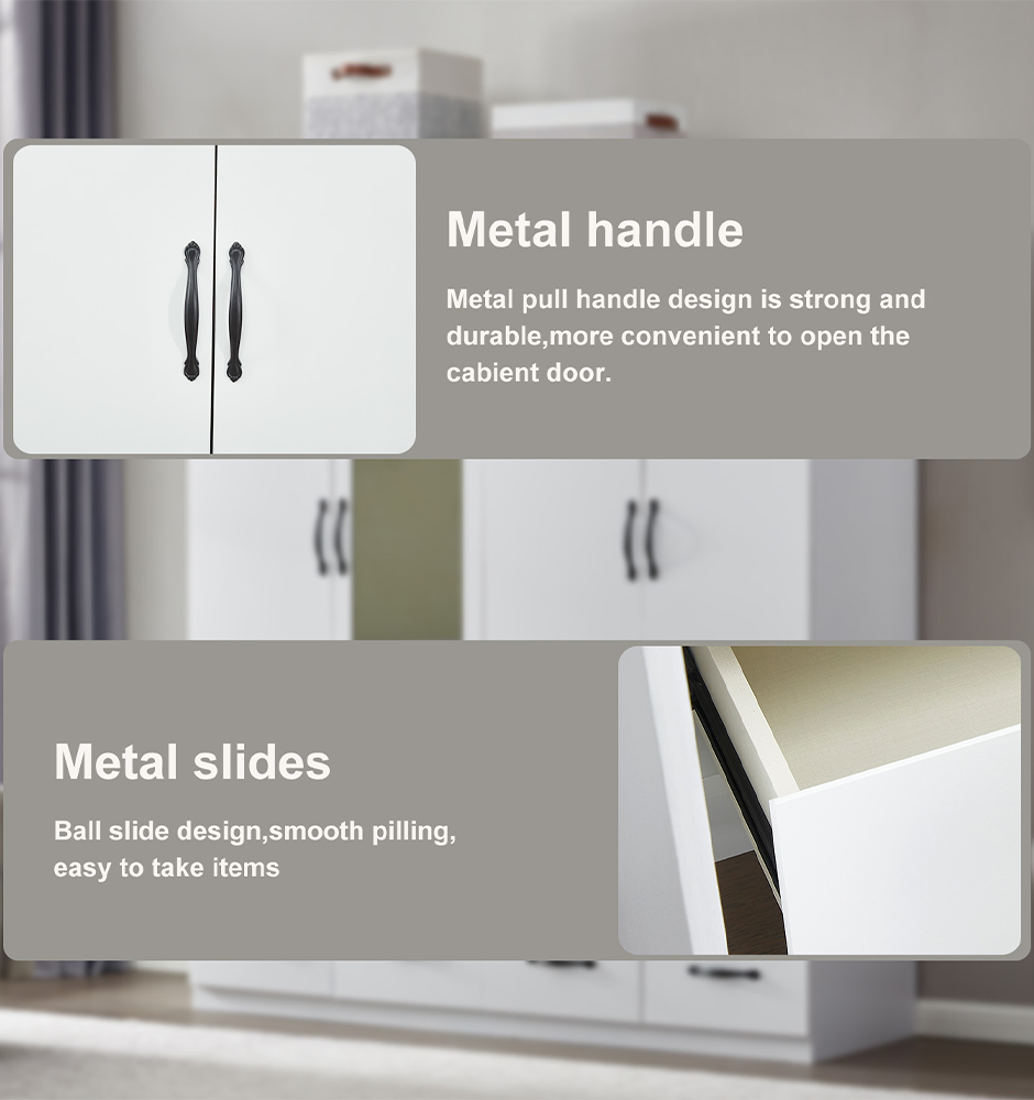 Mirror Wardrobe Closet 4 Doors White Wooden Freestanding Armoire Wardrobe Closet Bedroom Storage Wardrobe Cabinet Bathroom Clothes Storage Shelf with Hanging Rod Clothes Organizer