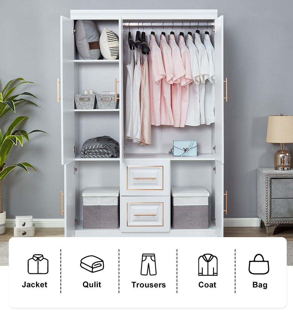 LivelyLodge Tall 74 3 Doors Wardrobe Closet White 2 Drawers Wood Wardrobe Closet Bedroom Armoire Clothes Storage Cabinet with Hanging Rod Shelves, Bathroom Freestanding Clothes Closet Organizer