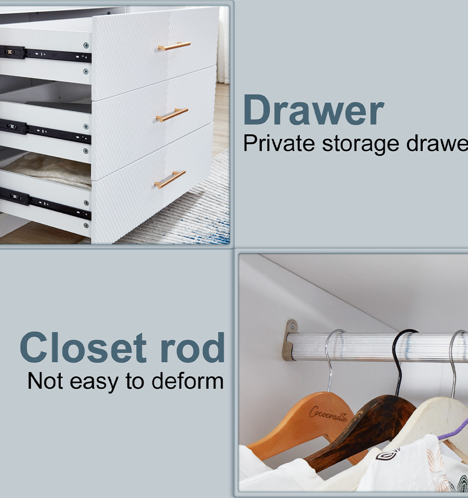 LivelyLodge 74.2 Tall 4 Doors 3 Drawers White Closet Wardrobe Closet Armoire Large Bedroom Freestanding Storage Closet Cabinet Bathroom Clothes Storage White Wooden Organizer with Hanging Rod Shelves