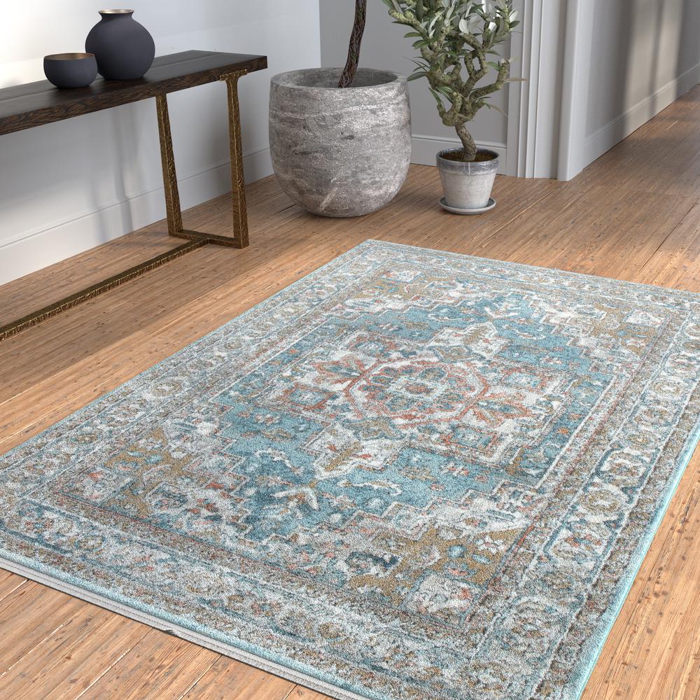 Laguna Highland Blue/Natural/Coral/Ivory Area Rug, 5'3" x 7'6"